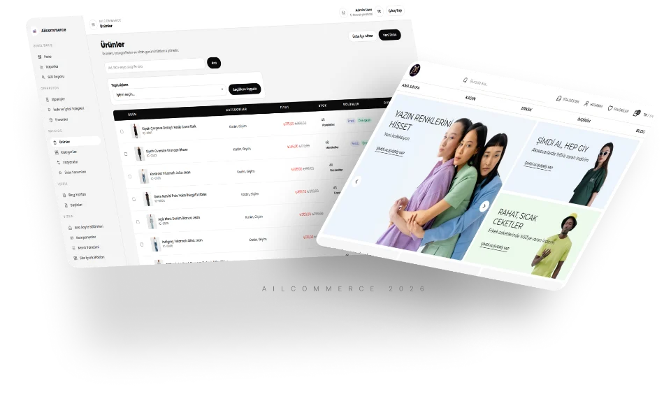 Ailcommerce yönetim paneli ve mağaza arayüzü ekran görüntüleri