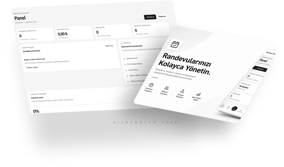 Ailrandevu yönetim paneli ve mobil randevu ekranı görüntüleri