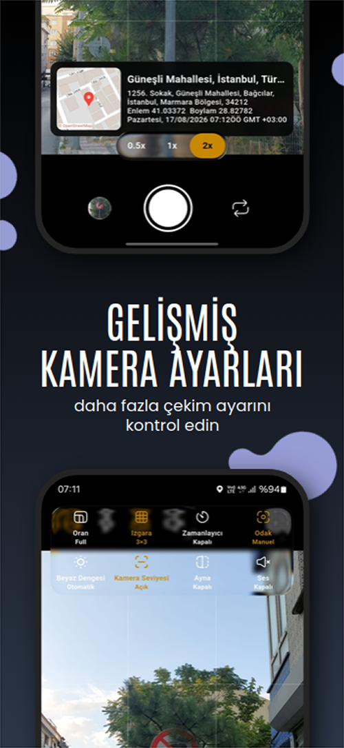 GPSKAM gelişmiş kamera ayarları ekranı